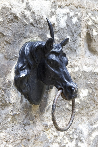 Cour : détail d'un anneau d'attache décoré d'une tête de cheval. © Yves Sancey / Région Bourgogne-Franche-Comté, Inventaire du patrimoine - 2010