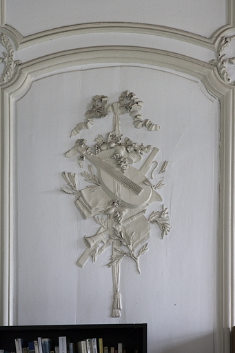 Intérieur, premier étage, pièce donnant sur la cour : détail d'un décor de lambris avec une mandoline. © Yves Sancey / Région Bourgogne-Franche-Comté, Inventaire du patrimoine - 2010