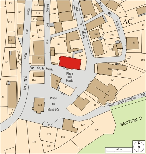 Plan masse et de situation. Extrait du plan cadastral, 2008, section AC, échelle 1:1 000. © André Céréza / Région Bourgogne-Franche-Comté, Inventaire du patrimoine - 2010