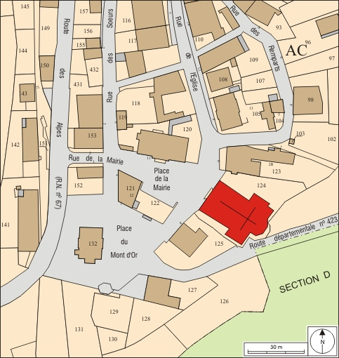 Plan masse et de situation. Extrait du plan cadastral, 2008, section AC, échelle 1:1 000.  © André Céréza / Région Bourgogne-Franche-Comté, Inventaire du patrimoine - 2010