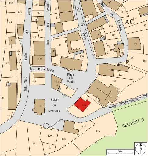 Plan masse et de situation. Extrait du plan cadastral, 2008, section AC, échelle 1:1 000. © André Céréza / Région Bourgogne-Franche-Comté, Inventaire du patrimoine - 2010