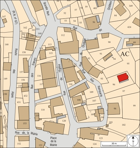Plan masse et de situation. Extrait du plan cadastral, 2008, section AC, échelle 1:1 000. © André Céréza / Région Bourgogne-Franche-Comté, Inventaire du patrimoine - 2010