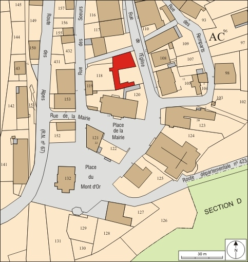 Plan masse et de situation. Extrait du plan cadastral, 2008, section AC, échelle 1:1 000. © André Céréza / Région Bourgogne-Franche-Comté, Inventaire du patrimoine - 2010