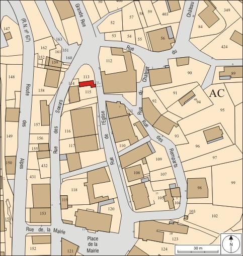 Plan masse et de situation. Extrait du plan cadastral, 2008, section AC, échelle 1:1 000. © André Céréza / Région Bourgogne-Franche-Comté, Inventaire du patrimoine - 2010