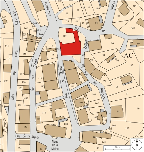 Plan masse et de situation. Extrait du plan cadastral, 2008, section AC, échelle 1:1 000. © André Céréza / Région Bourgogne-Franche-Comté, Inventaire du patrimoine - 2010