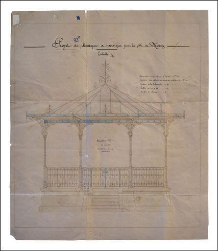 Projet de kiosque à musique pour la ville de Morez, 1899. © Jérôme  Mongreville (reproduction) / Région Bourgogne-Franche-Comté, Inventaire du patrimoine - 2010 Projet de kiosque à musique pour la ville de Morez, 1899. © Jérôme  Mongreville (reproduction) / Région Bourgogne-Franche-Comté, Inventaire du patrimoine - 2010