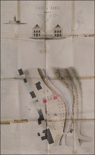 Projet d'établissement du champ de foire avec fontaine et lavoir couvert, 1845. © Yves Sancey, Pourchot / Région Bourgogne-Franche-Comté, Inventaire du patrimoine - 2010 Projet d'établissement du champ de foire avec fontaine et lavoir couvert, 1845. © Yves Sancey, Pourchot / Région Bourgogne-Franche-Comté, Inventaire du patrimoine - 2010