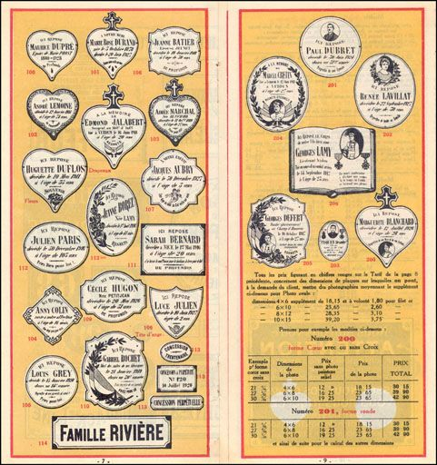 Catalogue de production de l'émaillerie A. Renaud et Cie : types de plaques émaillées funéraires, 1928. © Yves Sancey / Région Bourgogne-Franche-Comté, Inventaire du patrimoine - 2010 Catalogue de production de l'émaillerie A. Renaud et Cie : types de plaques émaillées funéraires, 1928. © Yves Sancey / Région Bourgogne-Franche-Comté, Inventaire du patrimoine - 2010