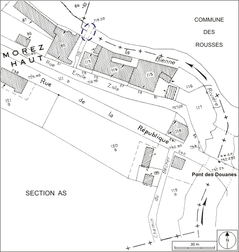 Plan de situation. Extrait du plan cadastral, 1980, section AK, échelle 1:1000. © André Céréza / Région Bourgogne-Franche-Comté, Inventaire du patrimoine - 2010 Plan de situation. Extrait du plan cadastral, 1980, section AK, échelle 1:1000. © André Céréza / Région Bourgogne-Franche-Comté, Inventaire du patrimoine - 2010