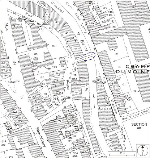 Plan de situation. Extrait du plan cadastral, 1980, section AI, échelle 1:1000. © André Céréza / Région Bourgogne-Franche-Comté, Inventaire du patrimoine - 2010 Plan de situation. Extrait du plan cadastral, 1980, section AI, échelle 1:1000. © André Céréza / Région Bourgogne-Franche-Comté, Inventaire du patrimoine - 2010