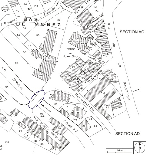 Plan de situation. Extrait du plan cadastral, 1980, section AB, échelle 1:1000. © André Céréza / Région Bourgogne-Franche-Comté, Inventaire du patrimoine - 2010 Plan de situation. Extrait du plan cadastral, 1980, section AB, échelle 1:1000. © André Céréza / Région Bourgogne-Franche-Comté, Inventaire du patrimoine - 2010