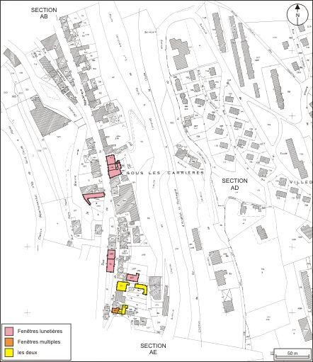 Plan de localisation des maisons et immeubles avec fenêtres lunetières ou fenêtres multiples : section AD. Extrait du plan cadastral, 1980, section AD, échelle 1:1000 réduite à 1:2500. © André Céréza / Région Bourgogne-Franche-Comté, Inventaire du patrimoine - 2010