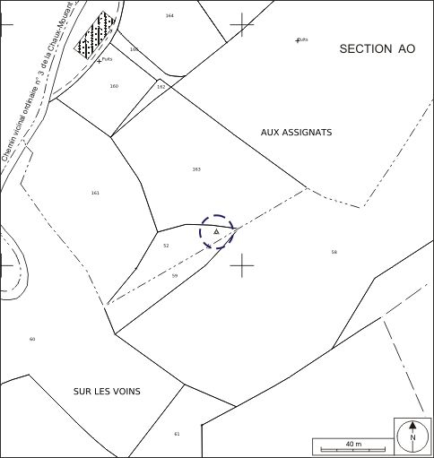 Plan de situation. Extrait du plan cadastral, 1980, section AO, 1:2000 agrandi à 1:1500. © André Céréza / Région Bourgogne-Franche-Comté, Inventaire du patrimoine - 2010