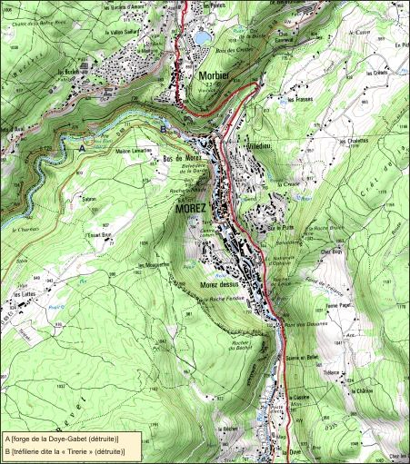 Carte de localisation des usines de la Doye-Gabet et de la Tirerie. © André Céréza / Région Bourgogne-Franche-Comté, Inventaire du patrimoine - 2010 Carte de localisation des usines de la Doye-Gabet et de la Tirerie. © André Céréza / Région Bourgogne-Franche-Comté, Inventaire du patrimoine - 2010
