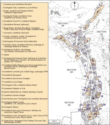 Plan de localisation des ateliers de fabrication et des usines : partie nord. © André Céréza / Région Bourgogne-Franche-Comté, Inventaire du patrimoine - 2010 Plan de localisation des ateliers de fabrication et des usines : partie nord. © André Céréza / Région Bourgogne-Franche-Comté, Inventaire du patrimoine - 2010