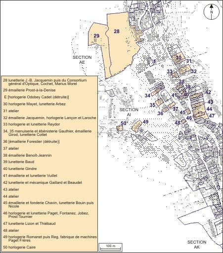 Plan de localisation des ateliers de fabrication et des usines : partie centrale. © André Céréza / Région Bourgogne-Franche-Comté, Inventaire du patrimoine - 2010 Plan de localisation des ateliers de fabrication et des usines : partie centrale. © André Céréza / Région Bourgogne-Franche-Comté, Inventaire du patrimoine - 2010
