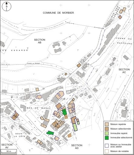 Plan de répartition typologique des maisons et des immeubles : sections AB et AC. Montage de feuilles cadastrales, 1980, sections AB et AC, échelle 1:1000 réduite à 1:2500. © André Céréza / Région Bourgogne-Franche-Comté, Inventaire du patrimoine - 2010