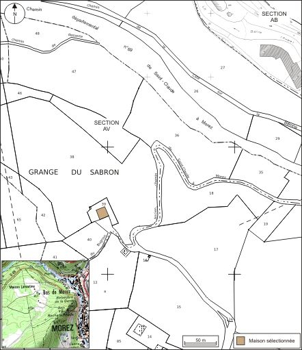 Plan de répartition typologique des maisons et des immeubles : section AV. Extraits du plan cadastral, 1980, section AV, 1:1000 réduit à 1:2500, et de la carte topographique à 1:25 000, I.GN., 1998, 3327E Morez-Les Rousses. © André Céréza / Région Bourgogne-Franche-Comté, Inventaire du patrimoine - 2010