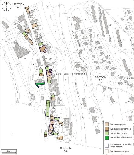 Plan de répartition typologique des maisons et des immeubles : section AD. Extrait du plan cadastral, 1980, section AD, échelle 1:1000 réduite à 1:2500. © André Céréza / Région Bourgogne-Franche-Comté, Inventaire du patrimoine - 2010