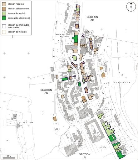 Plan de répartition typologique des maisons et des immeubles : section AE. Extrait du plan cadastral, 1980, section AE, échelle 1:1000 réduite à 1:3000. © André Céréza / Région Bourgogne-Franche-Comté, Inventaire du patrimoine - 2010
