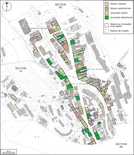 Plan de répartition typologique des maisons et des immeubles : section AI, partie est. Extrait du plan cadastral, 1980, section AI, échelle 1:1000 réduite à 1:3000. © André Céréza / Région Bourgogne-Franche-Comté, Inventaire du patrimoine - 2010
