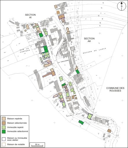 Plan de répartition typologique des maisons et des immeubles : section AK. Extrait du plan cadastral, 1980, section AK, échelle 1:1000 réduite à 1:3000. © André Céréza / Région Bourgogne-Franche-Comté, Inventaire du patrimoine - 2010