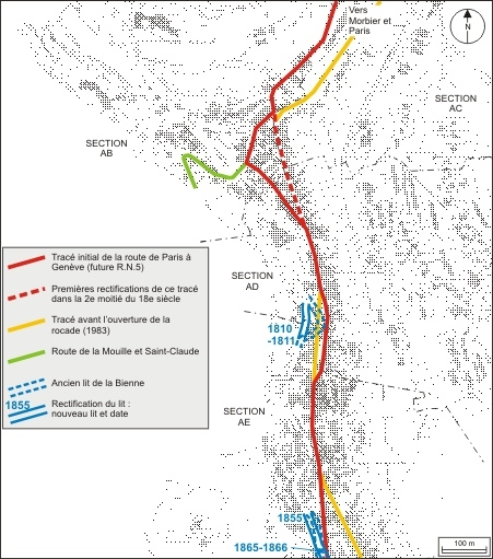 Plan des rectifications du tracé de la route de Paris à Genève et du cours de la Bienne : partie nord. © André Céréza / Région Bourgogne-Franche-Comté, Inventaire du patrimoine - 2010 Plan des rectifications du tracé de la route de Paris à Genève et du cours de la Bienne : partie nord. © André Céréza / Région Bourgogne-Franche-Comté, Inventaire du patrimoine - 2010