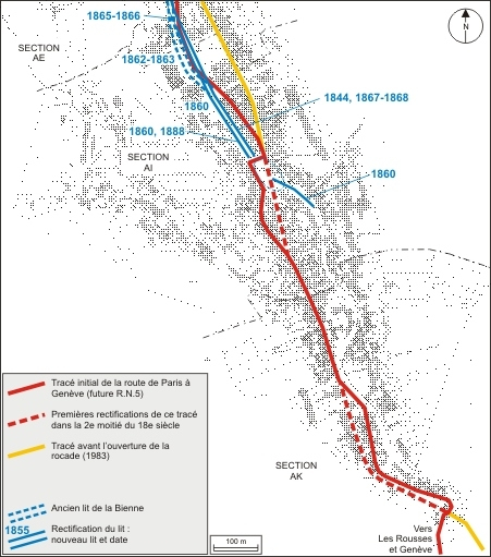 Plan des rectifications du tracé de la route de Paris à Genève et du cours de la Bienne : partie sud. Montage de feuilles cadastrales, 1980, sections AE, AI et AK, échelle 1:1000 réduite à 1:6000. © André Céréza / Région Bourgogne-Franche-Comté, Inventaire du patrimoine - 2010 Plan des rectifications du tracé de la route de Paris à Genève et du cours de la Bienne : partie sud. Montage de feuilles cadastrales, 1980, sections AE, AI et AK, échelle 1:1000 réduite à 1:6000. © André Céréza / Région Bourgogne-Franche-Comté, Inventaire du patrimoine - 2010