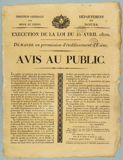 Demande de Charles et Frédéric Japy, fabricants de mouvements de pendules à Badevel, d'établir une usine d'acier fondu au moulin de la Roche de Bart [...]. © Jérôme Mongreville / Région Bourgogne-Franche-Comté, Inventaire du patrimoine - 2011