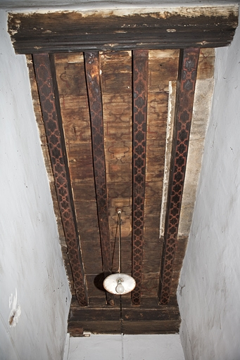 Galerie sur cour, partie à droite de l'entrée, rez-de-chaussée : détail d'un plafond peint. © Yves Sancey / Région Bourgogne-Franche-Comté, Inventaire du patrimoine - 2011