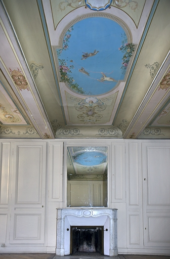 Logis principal, appartement du premier étage, grande pièce sur rue : vue d'ensemble de la cheminée et du décor du plafond. © Yves Sancey / Région Bourgogne-Franche-Comté, Inventaire du patrimoine - 2011