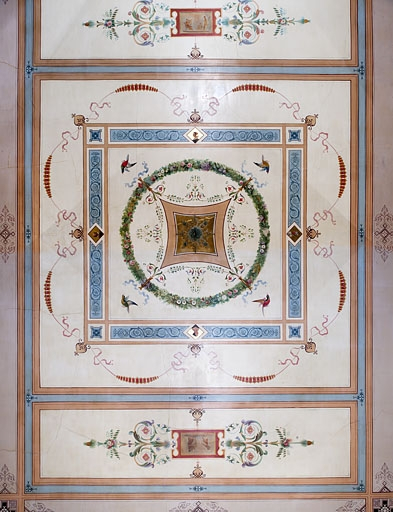 Logis principal, intérieur, salon : plafond peint, vue d'ensemble. © Jérôme Mongreville / Région Bourgogne-Franche-Comté, Inventaire du patrimoine - 2011