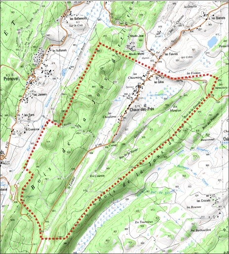 Carte des limites de la commune. Extrait de la carte IGN, échelle 1/25 000 ; SCAN 25 (c) IGN - 2008, Licence n° 2008CISE29-68. © André Céréza / Région Bourgogne-Franche-Comté, Inventaire du patrimoine - 2011