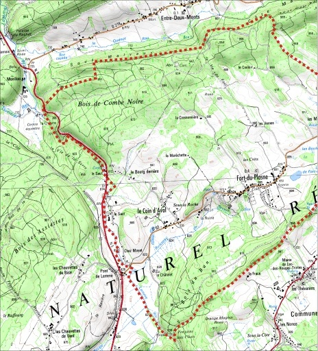 Carte des limites de la commune, partie ouest. Extrait de la carte IGN, échelle 1/25 000 ; SCAN 25 (c) IGN - 2008, Licence n° 2008CISE29-68. © André Céréza / Région Bourgogne-Franche-Comté, Inventaire du patrimoine - 2011