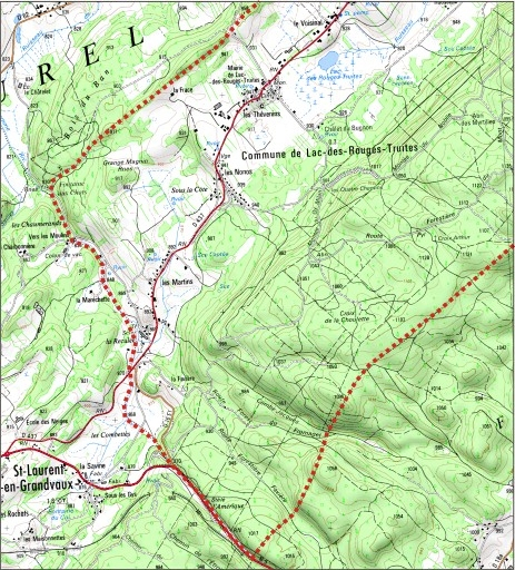 Carte des limites de la commune, partie sud-ouest. Extrait de la carte IGN, échelle 1/25 000 ; SCAN 25 (c) IGN - 2008, Licence n° 2008CISE29-68. © André Céréza / Région Bourgogne-Franche-Comté, Inventaire du patrimoine - 2011