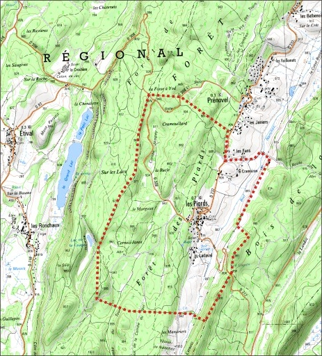 Carte des limites de la commune. Extrait de la carte IGN, échelle 1/25 000 ; SCAN 25 (c) IGN - 2008, Licence n° 2008CISE29-68. © André Céréza / Région Bourgogne-Franche-Comté, Inventaire du patrimoine - 2011