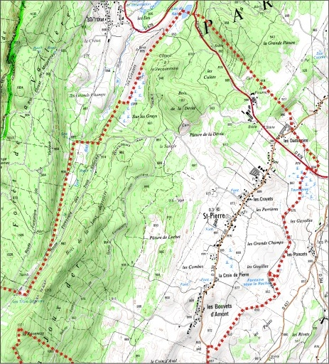 Carte des limites de la commune, partie nord. Extrait de la carte IGN, échelle 1/25 000 ; SCAN 25 (c) IGN - 2008, Licence n° 2008CISE29-68. © André Céréza / Région Bourgogne-Franche-Comté, Inventaire du patrimoine - 2011