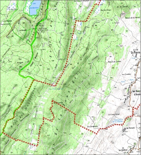 Carte des limites de la commune, partie sud. Extrait de la carte IGN, échelle 1/25 000 ; SCAN 25 (c) IGN - 2008, Licence n° 2008CISE29-68. © André Céréza / Région Bourgogne-Franche-Comté, Inventaire du patrimoine - 2011