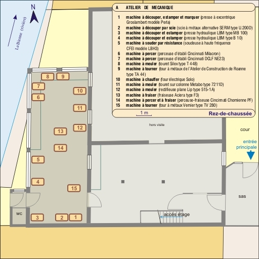 Atelier de mécanique : schéma de distribution des machines. Echelle 1:90. © André Céréza / Région Bourgogne-Franche-Comté, Inventaire du patrimoine - 2011