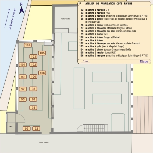 Atelier de fabrication côté rivière : schéma de distribution des machines. Echelle 1:90. © André Céréza / Région Bourgogne-Franche-Comté, Inventaire du patrimoine - 2011