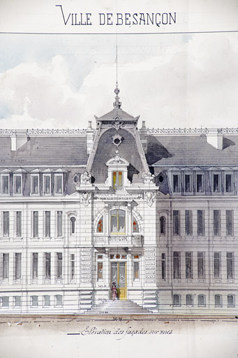 Ville de Besançon. Projet de construction d'une Ecole nat[ion]ale d'Horlogerie. 5. Elévation des façades sur rues [détail : élévation du corps d'entrée], 1906. © Jérôme Mongreville / Région Bourgogne-Franche-Comté, Inventaire du patrimoine - 2012