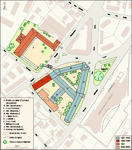 Plan-masse et de situation, avec chronologie des constructions. © Mathias Papigny / Région Bourgogne-Franche-Comté, Inventaire du patrimoine - 2012 Plan-masse et de situation, avec chronologie des constructions. © Mathias Papigny / Région Bourgogne-Franche-Comté, Inventaire du patrimoine - 2012