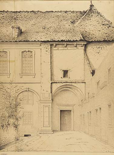 Ancien couvent des Révérends Pères de Faverney. Entrée du grand escalier (côté ouest). Croquis, [1898]. © Mary Ruffinoni / Région Bourgogne-Franche-Comté, Inventaire du patrimoine - 2012