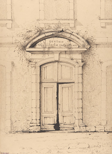 DIVINO / EVCHARISTIAE SACREMENTO [inscription gravée sur le linteau d'une porte de la façade sud], [1898]. © Mary Ruffinoni / Région Bourgogne-Franche-Comté, Inventaire du patrimoine - 2012