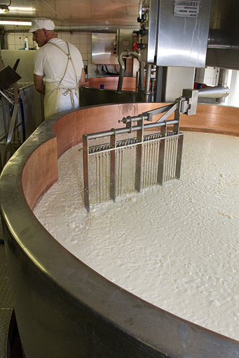Fabrication du comté : caillé dans la deuxième cuve. © Yves Sancey / Région Bourgogne-Franche-Comté, Inventaire du patrimoine - 2013