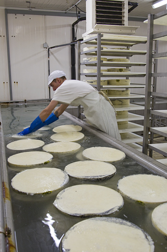 Fabrication du morbier : trempage des meules dans la saumure. © Yves Sancey / Région Bourgogne-Franche-Comté, Inventaire du patrimoine - 2013