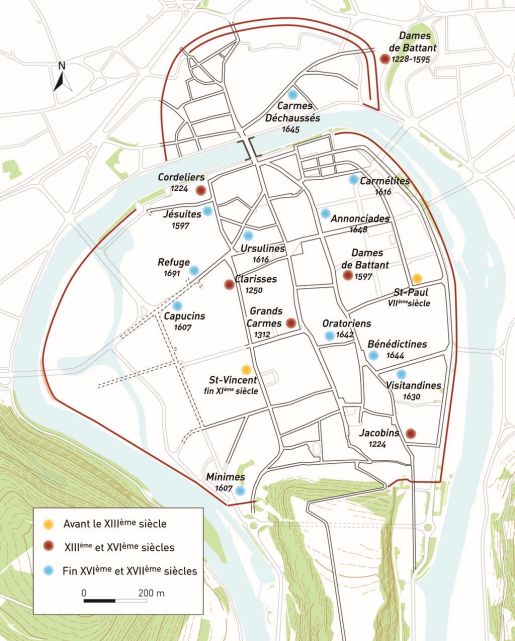 Carte des principales fondations religieuses fondées entre le XIIIe et la fin du XVIIe siècle. © Dominique Morin, Mathias Papigny / Région Bourgogne-Franche-Comté, Inventaire du patrimoine - 2013