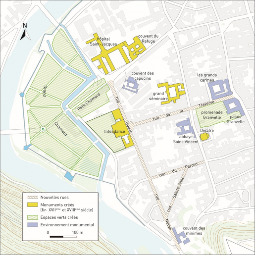 Carte des aménagements de la zone ouest au XVIIIe siècle. © Mathias Papigny / Région Bourgogne-Franche-Comté, Inventaire du patrimoine - 2013