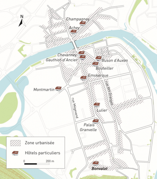 Carte de répartition des principaux hôtels du XVIe siècle. © Dominique Morin, Mathias Papigny / Région Bourgogne-Franche-Comté, Inventaire du patrimoine - 2013
