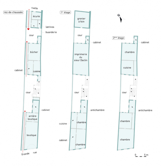 Restitution de la distribution intérieure du rez-de-chaussée et des étages des deux logis. © Mathias Papigny / Région Bourgogne-Franche-Comté, Inventaire du patrimoine - 2013